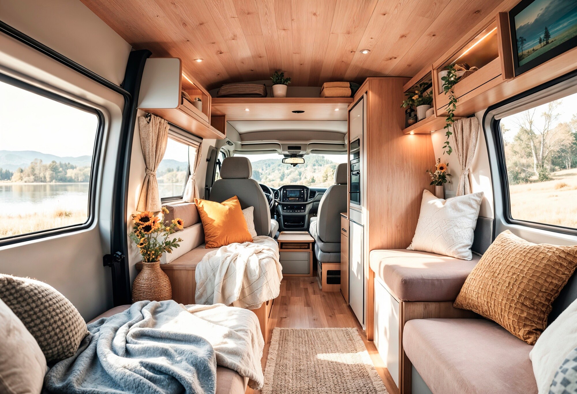 Modern motorhome interior with cosy seating
